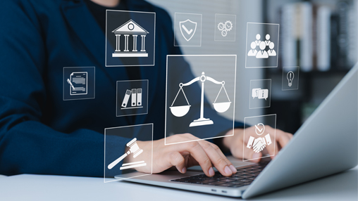 Working on computer with image overlaid with public policy icons
