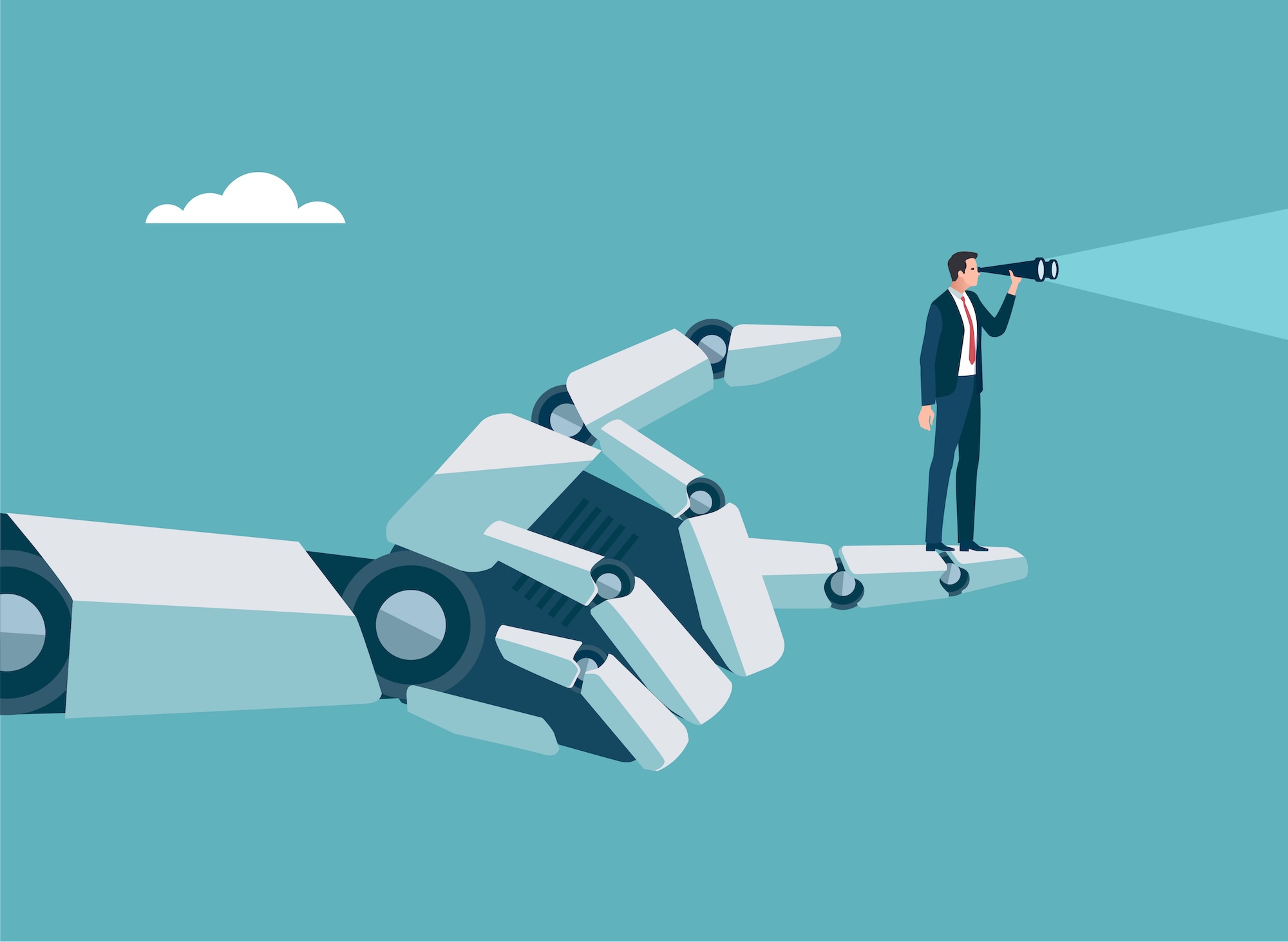 Illustration of a businessman standing on the index finger of a large robot hand, looking through binoculars.   