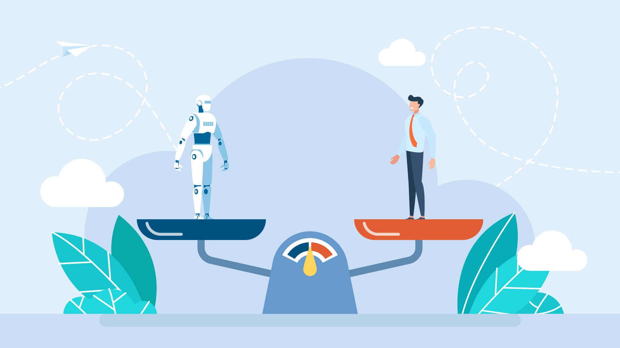 Illustration of a robot and human standing on a scale, showing balancing AI