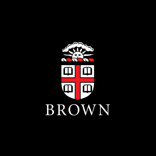 brown logo over black background